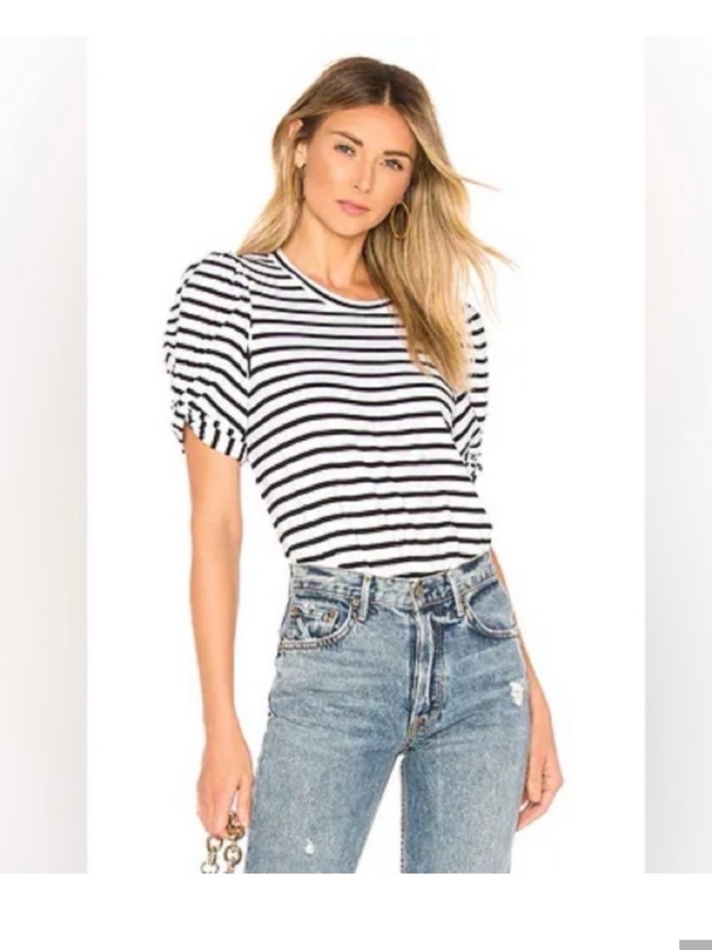 A.L.C. Kati Black & White Stri[ped Puff Sleeve Short Sleeve - Tee - Small